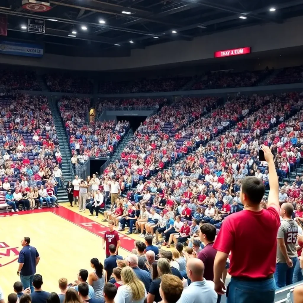 Fans cheering in a college basketball arena during a Texas A&M game.