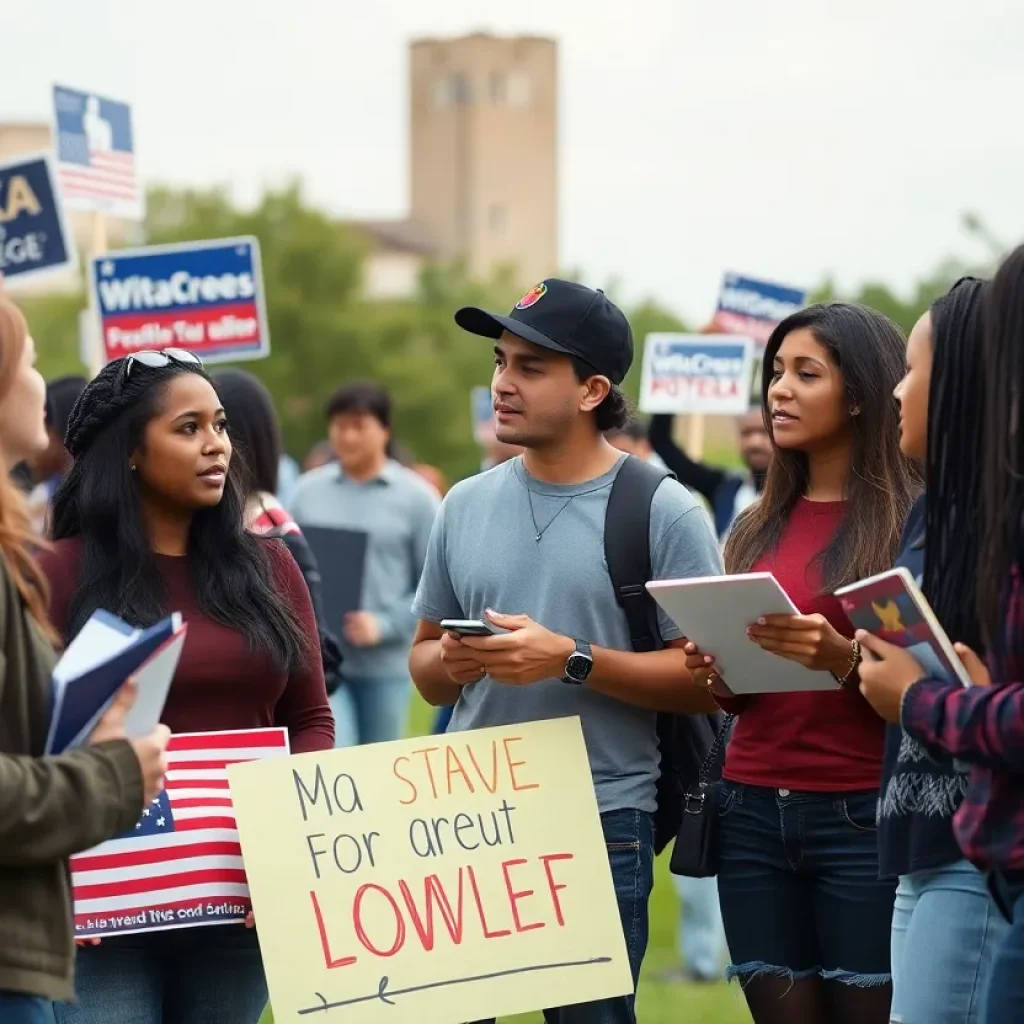 Students discussing political issues on a Texas college campus