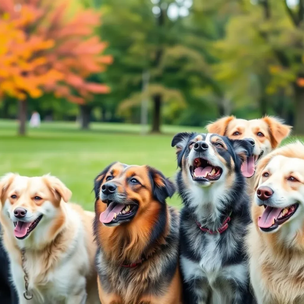 Group of aging dogs enjoying a sunny day at the park