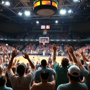 Fans cheering in a college basketball arena during the Alabama vs Texas A&M game