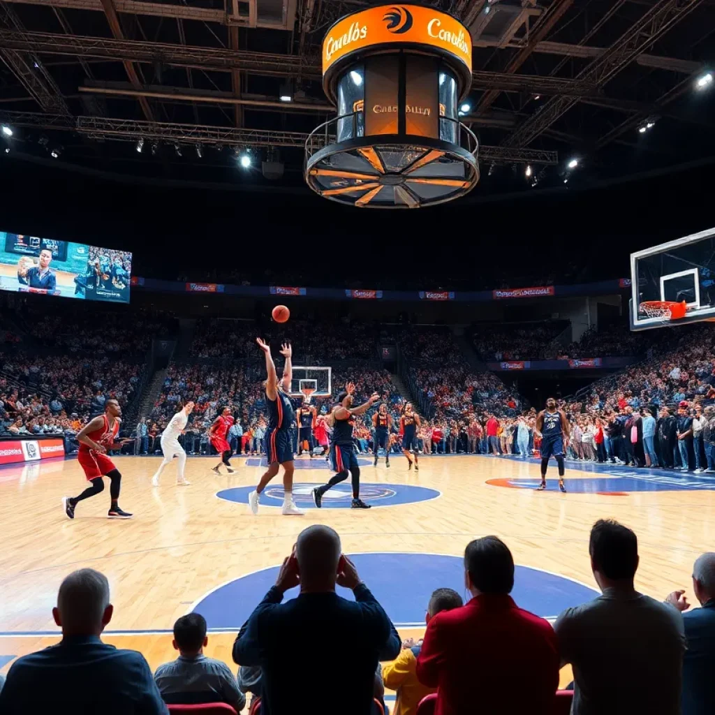 Basketball teams competing in a tense rivalry game