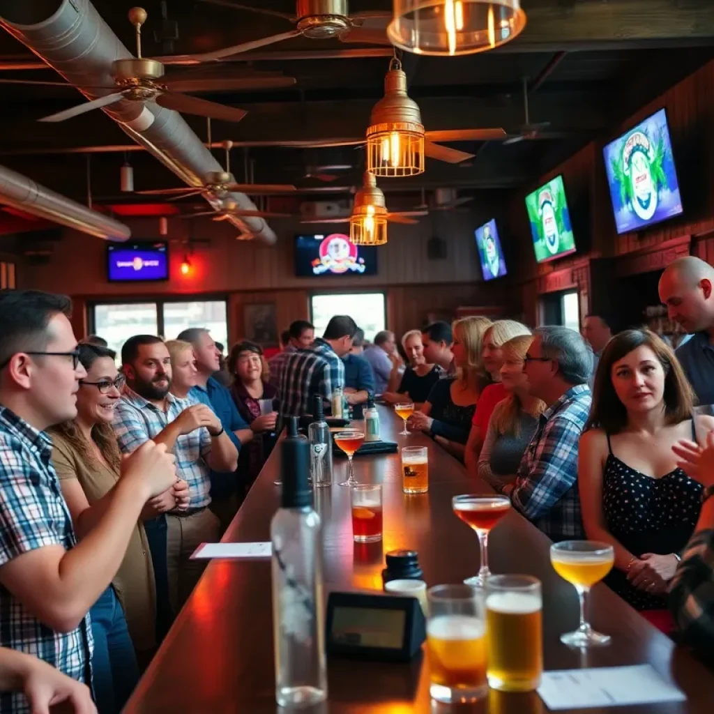 Bartenders serving drinks in a lively bar setting