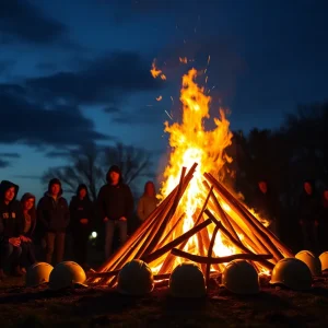 Gathering of students around a bonfire for remembrance ceremony