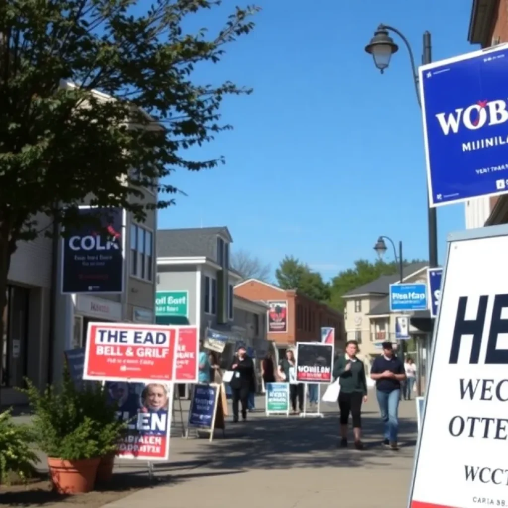 A vibrant town center with campaign signs and local happenings.