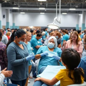 Families receiving free dental care at a community event in Brazos Valley