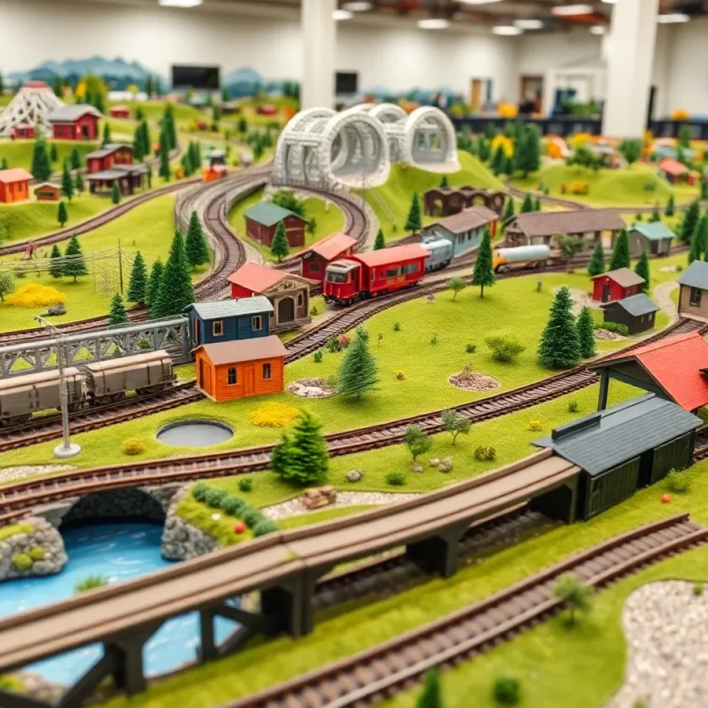 Display of model trains with intricate landscapes and a large bridge.