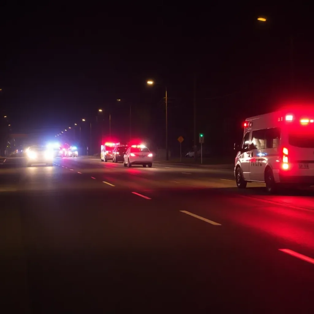 Emergency vehicles on a dark street after a tragic accident in Bryan Texas