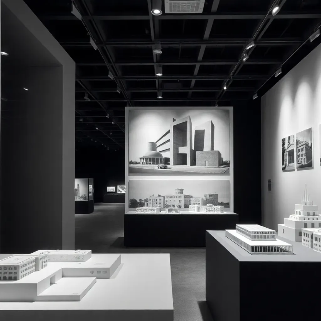 Exhibition displaying photographs and models related to Le Corbusier's influence on architecture.