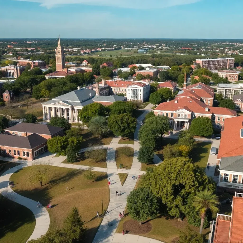 Aerial view of College Station showcasing neighborhoods and university.