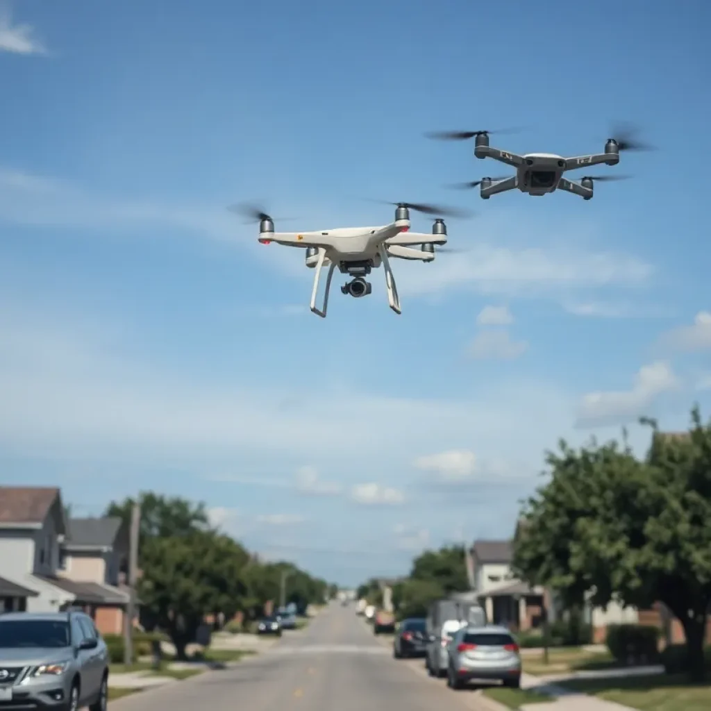 Amazon delivery drones flying over a residential neighborhood in College Station