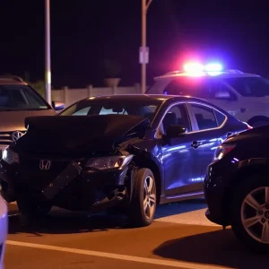 Damaged car after a crash at night in College Station