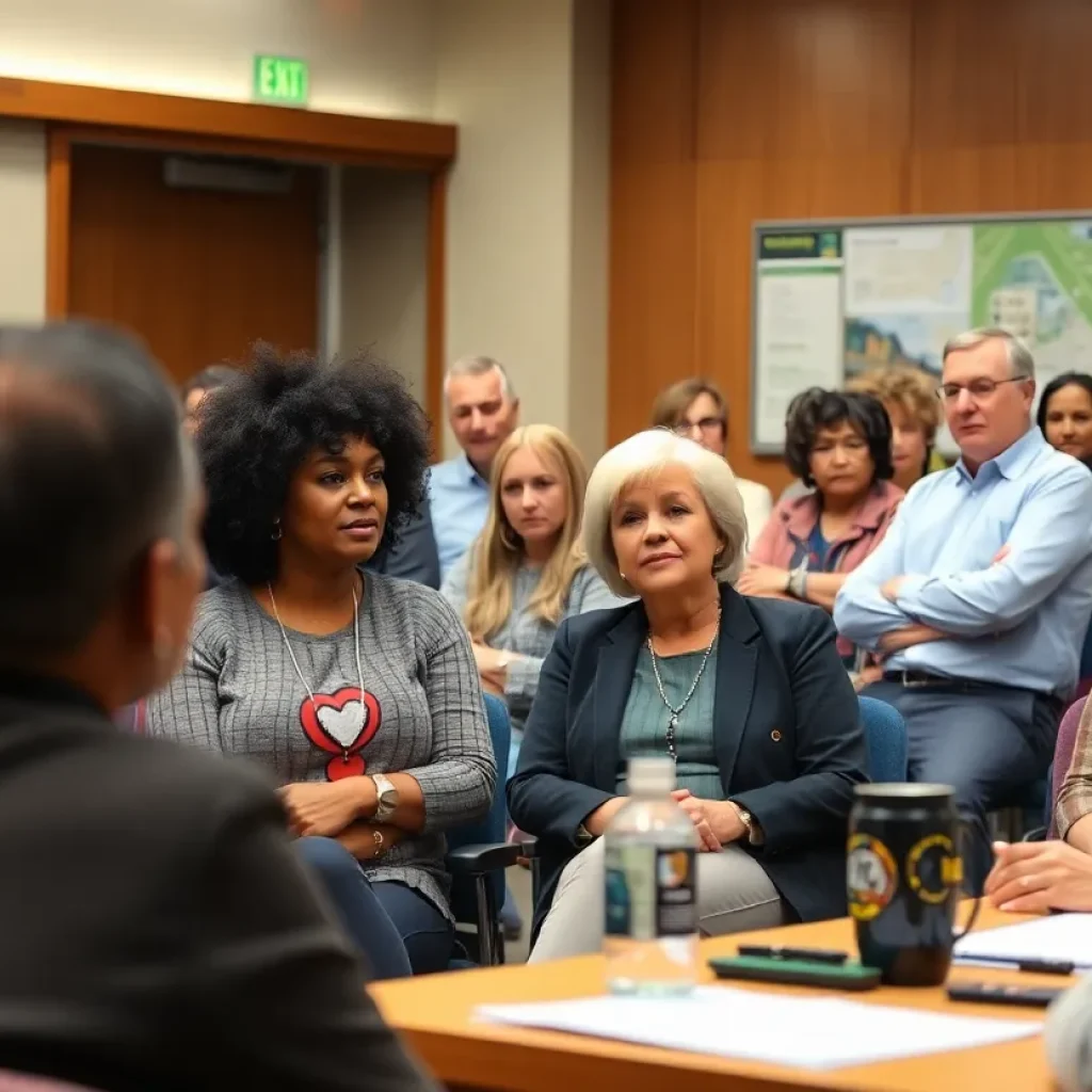 Residents engaging in discussion at a city council meeting regarding development proposals.