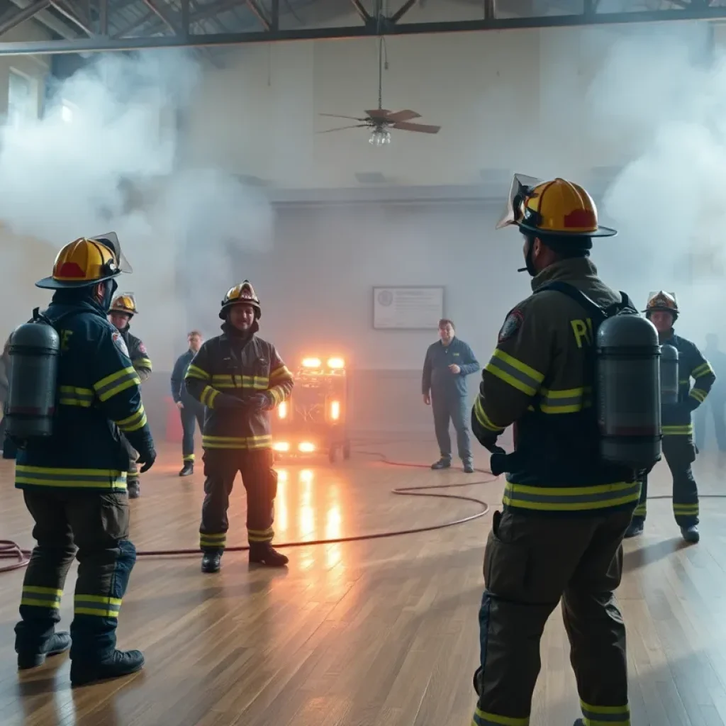 Firefighters training in a dance hall setting