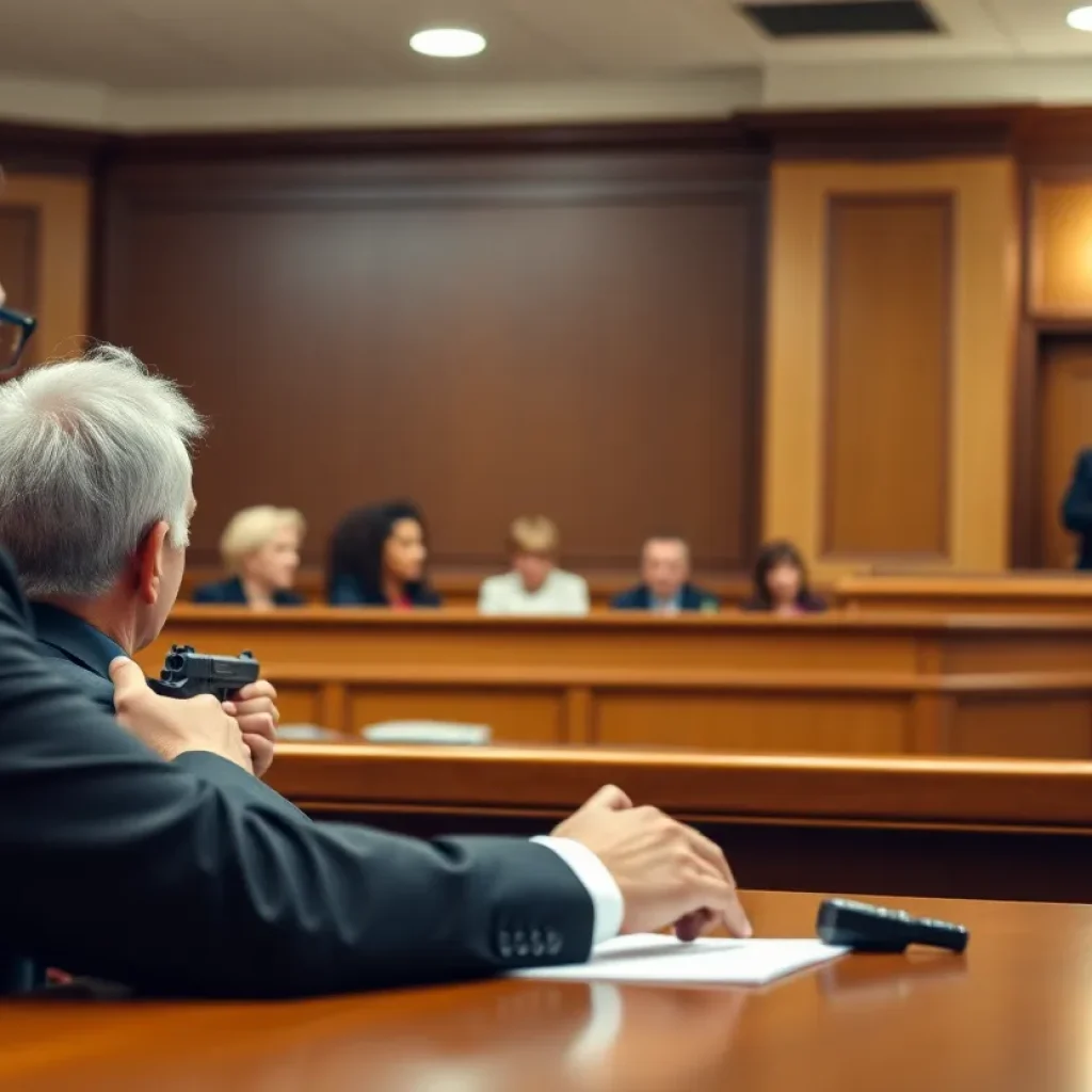 A jury deliberating in a courtroom regarding a gun possession case.