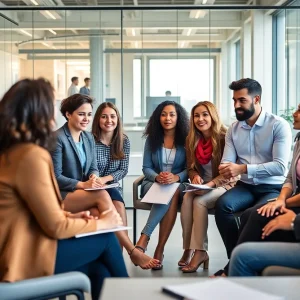 A group of professionals engaging in a discussion about immigration and labor policies.