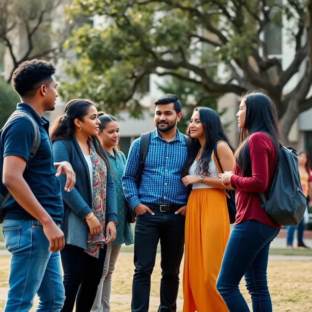 Students of diverse backgrounds conversing on a university campus