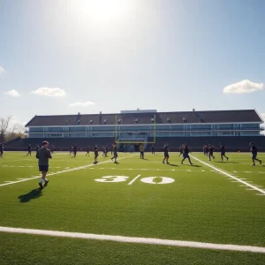 Players practicing football at East Texas A&M University