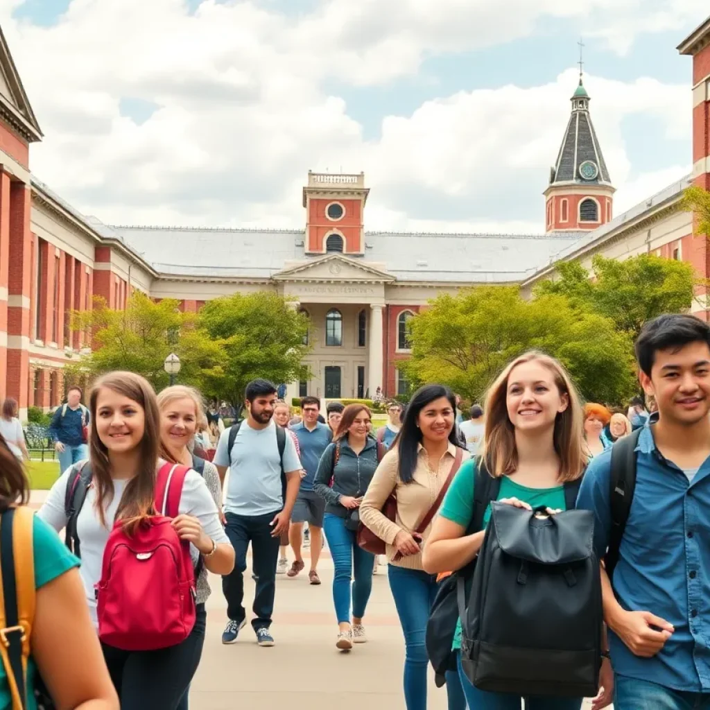 Students exploring a university campus during their college exploration trip.