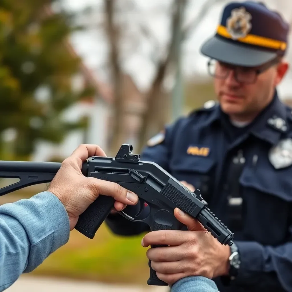 Police officer examining a firearm in a neighborhood.