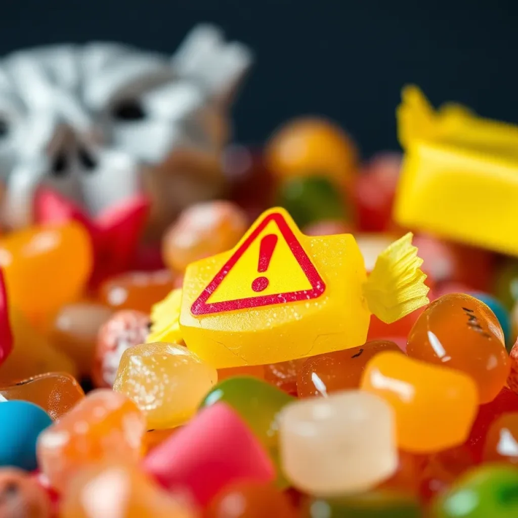 Assorted Halloween candy with a caution symbol to signify safety