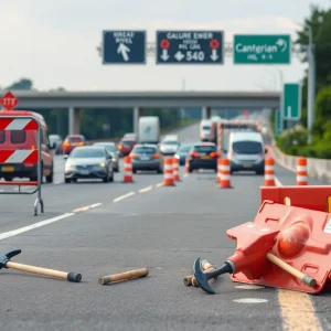 Scene of highway protest with construction debris and sledgehammers