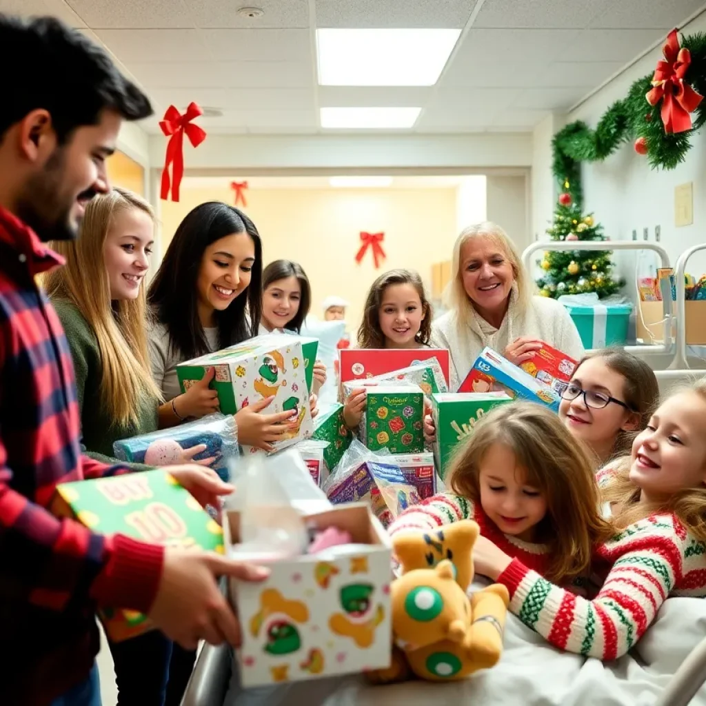 University students donate toys to children in a hospital during the holiday season.