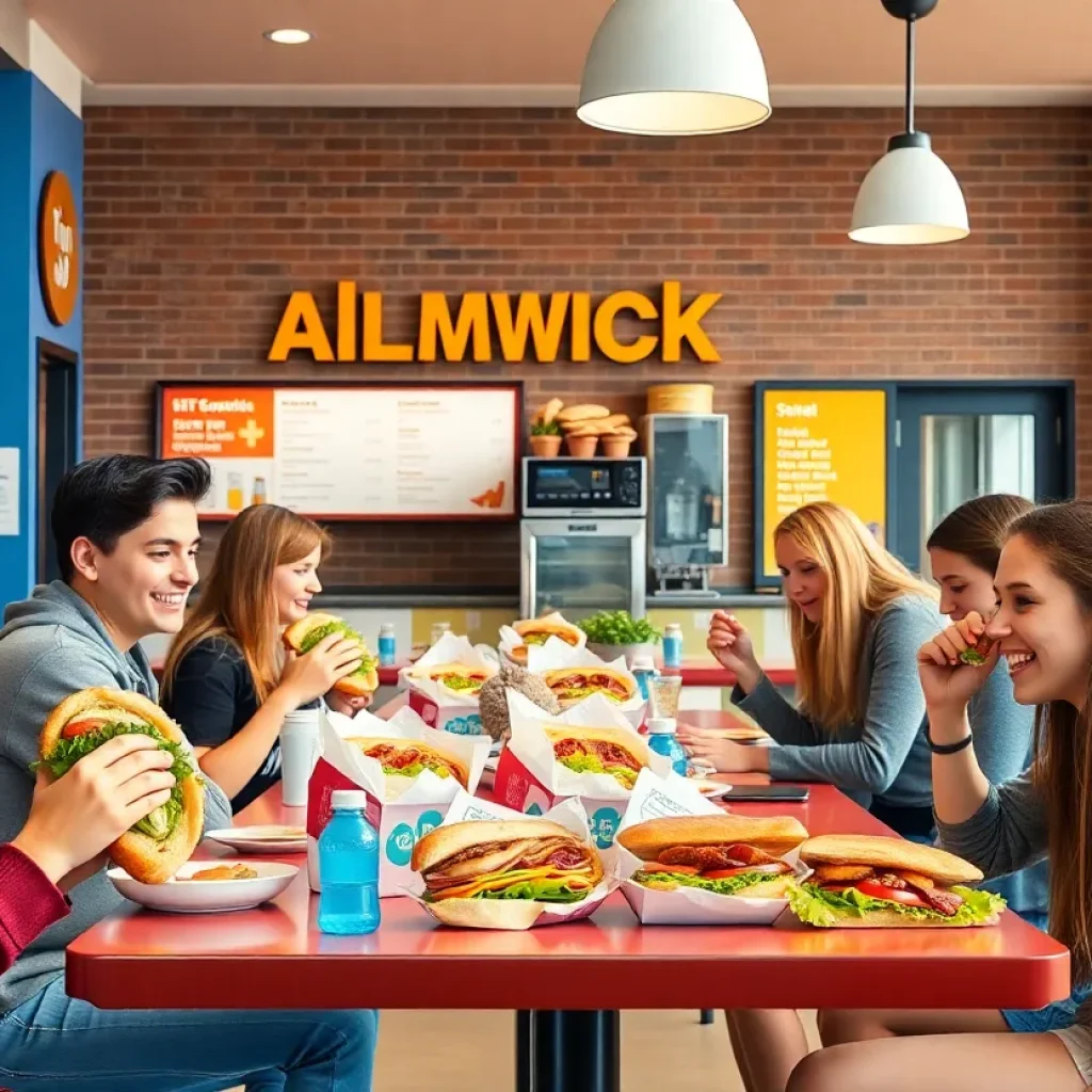 Students enjoying sandwiches at Houston Street Subs