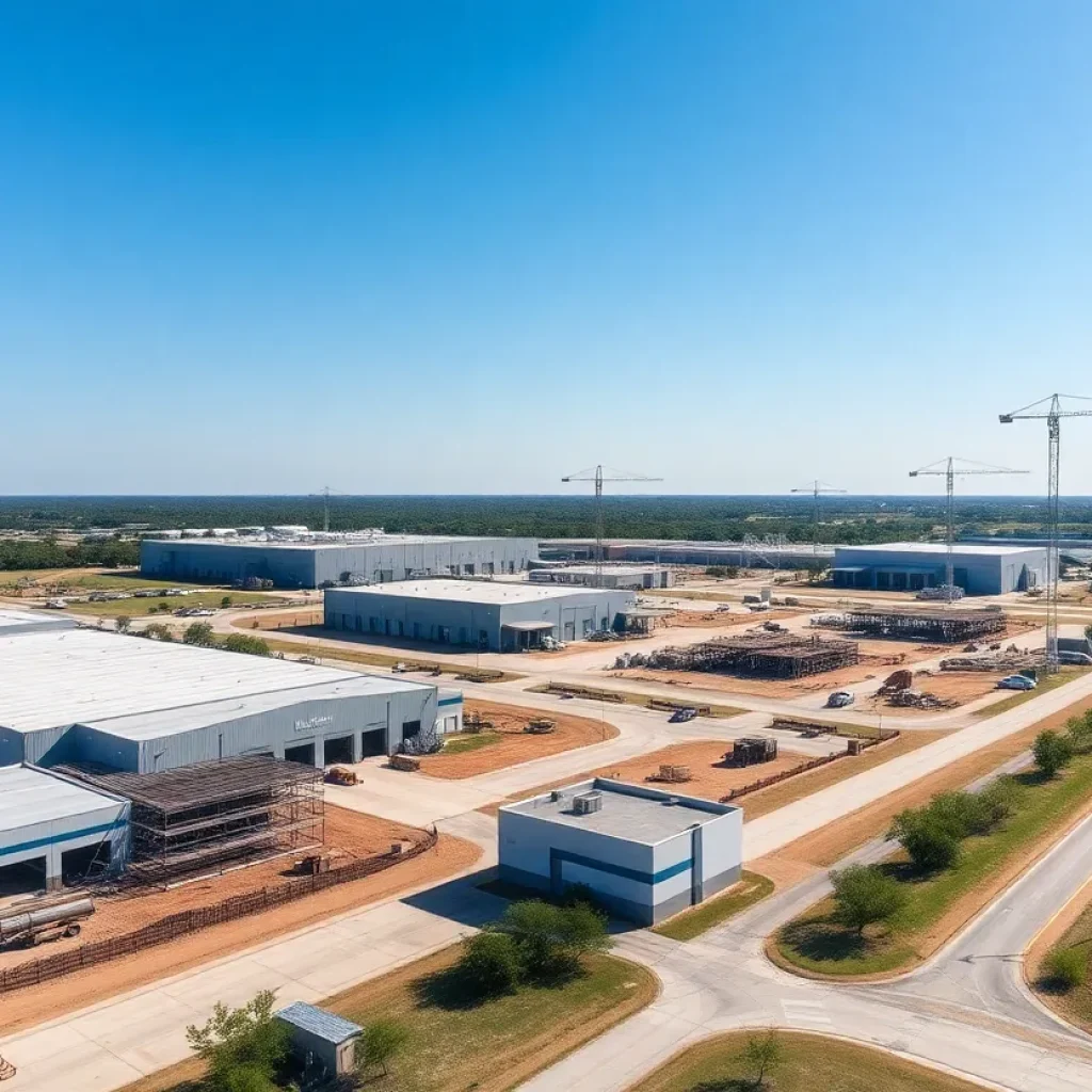 A view of industrial developments in Katy, Texas with warehouses and ongoing construction.