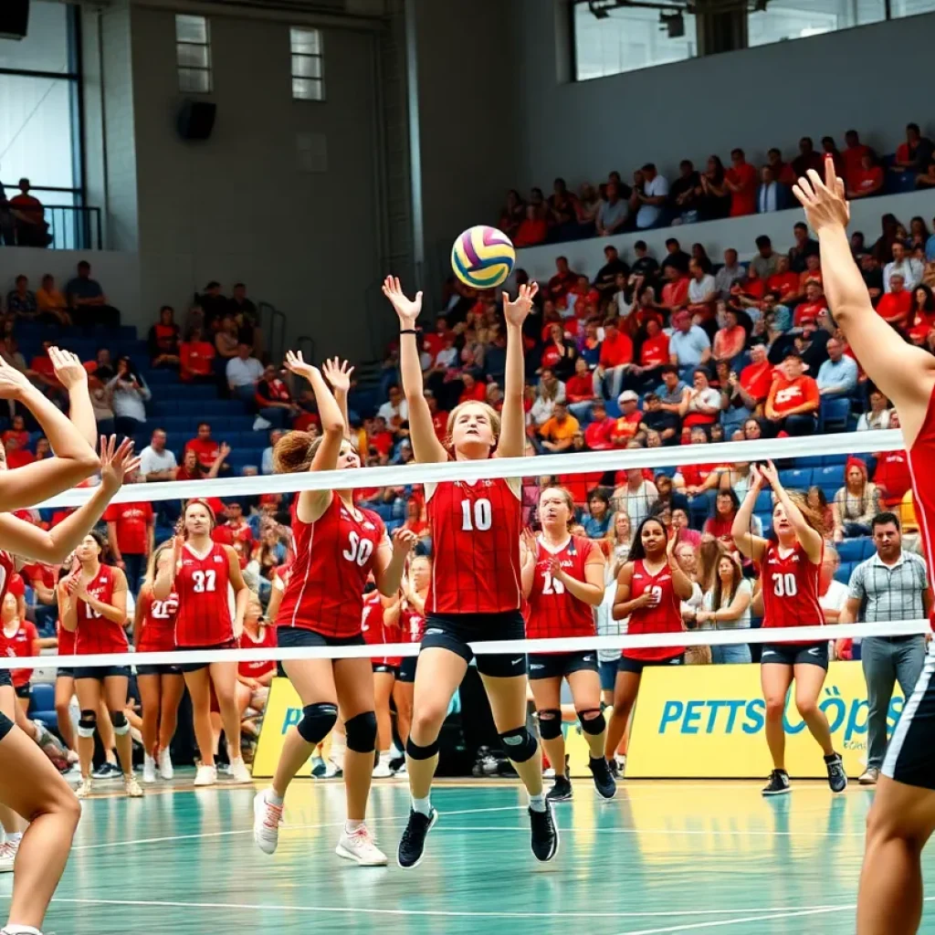 A volleyball match featuring local teams with players making impressive plays.