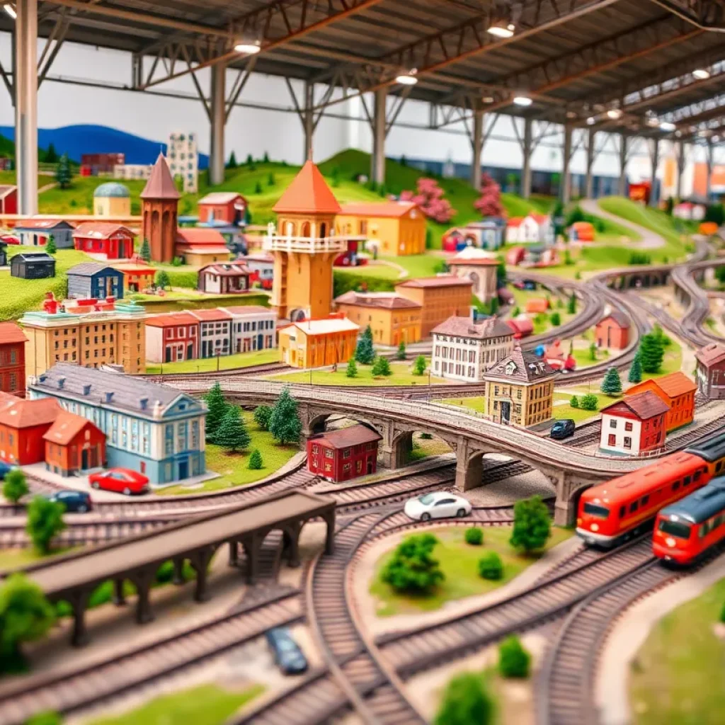 Detailed model train landscape on display.