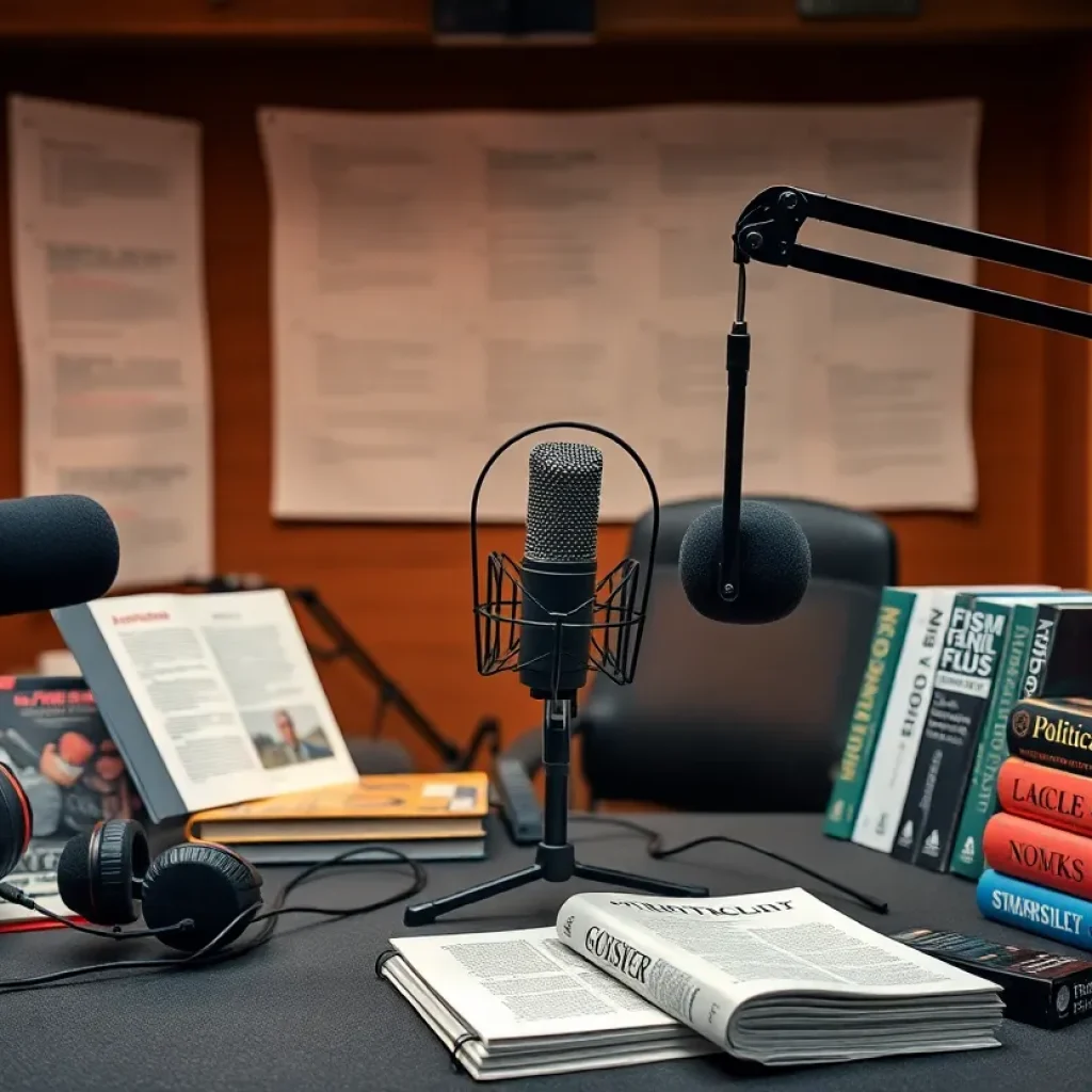 Podcast studio view with microphones and political books.