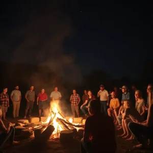 Community members gathered around a bonfire at night in Robertson County.