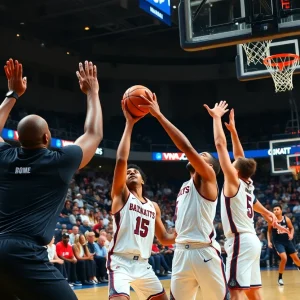 Texas A&M Aggies basketball team celebrating their win against the Texas Longhorns