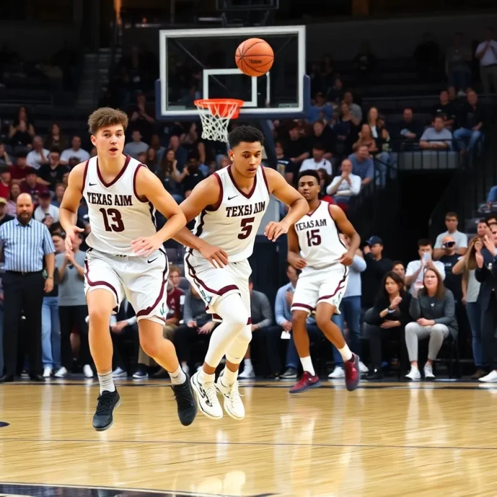 Texas A&M men's basketball team playing against the University of Maine.