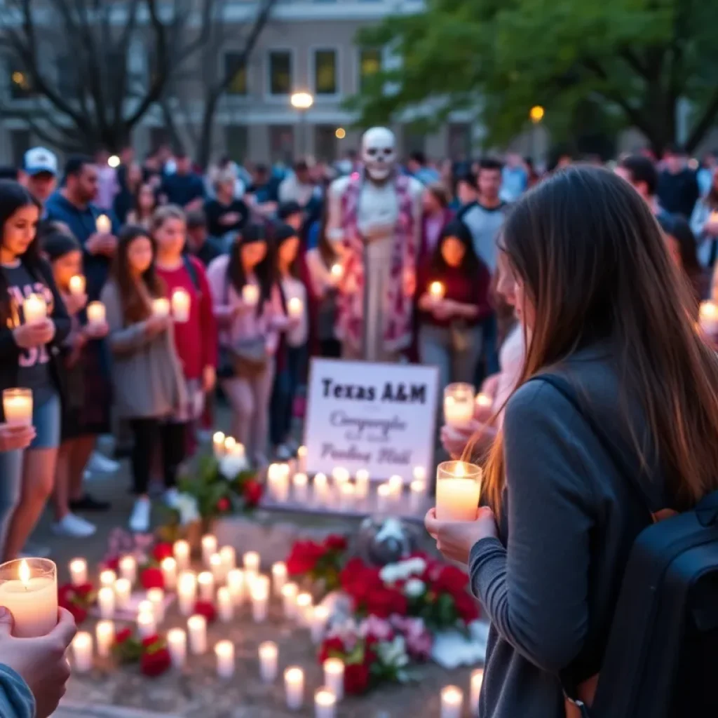 Collegiate memorial with candles at Texas A&M University honoring Bonfire tragedy victims.