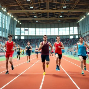 Athletes preparing for a race at the Texas A&M indoor track facility