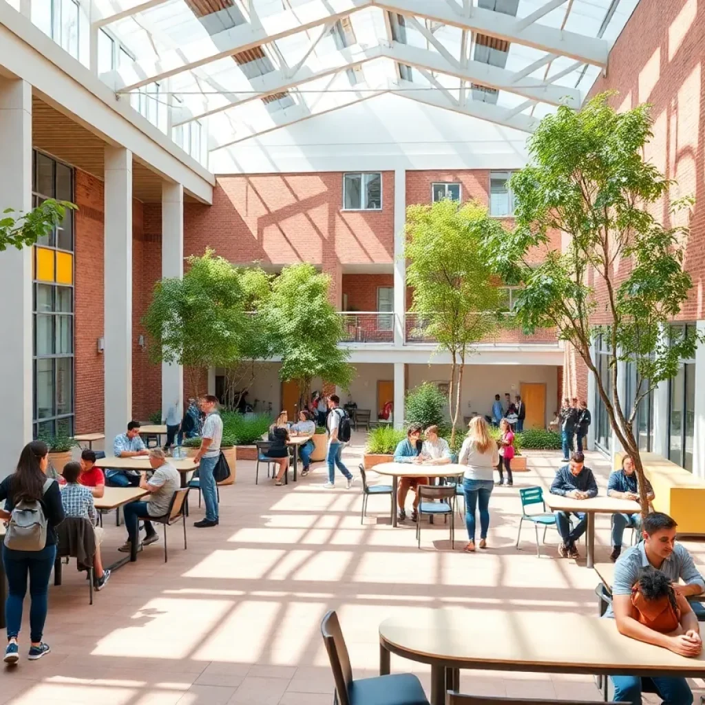 Students at Texas A&M University near the new Mays Business School building