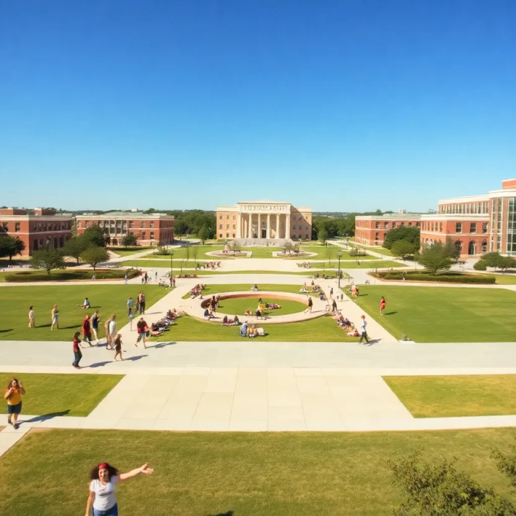 Overview of Texas A&M University campus with students