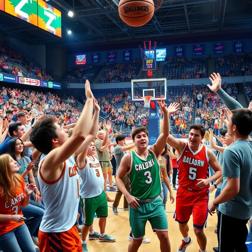 Texas A&M Aggies basketball players in action against University of Maine, with fans cheering in the stands