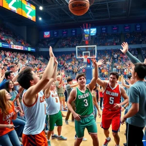 Texas A&M Aggies basketball players in action against University of Maine, with fans cheering in the stands