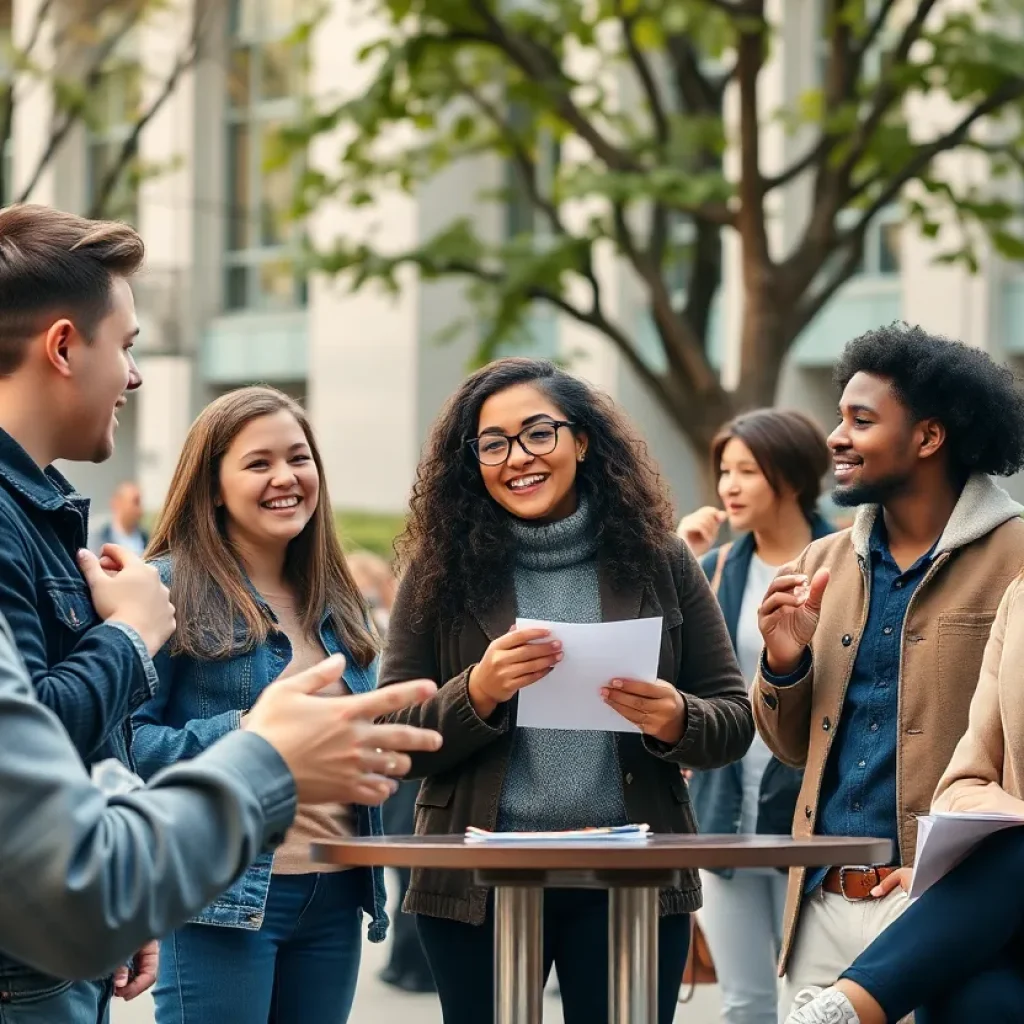 Students engaging in political discussion on a university campus