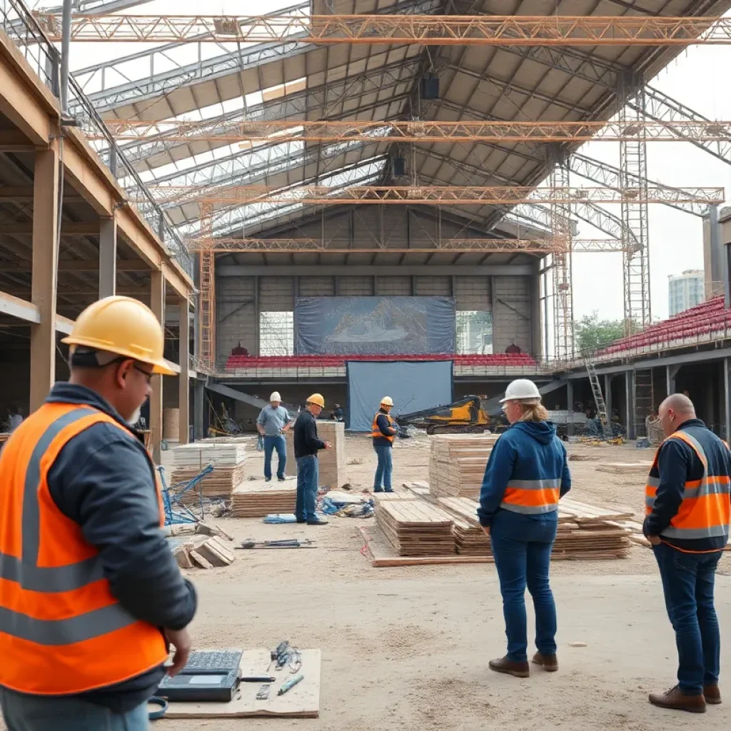 Workers repairing the Brazos County Expo Complex