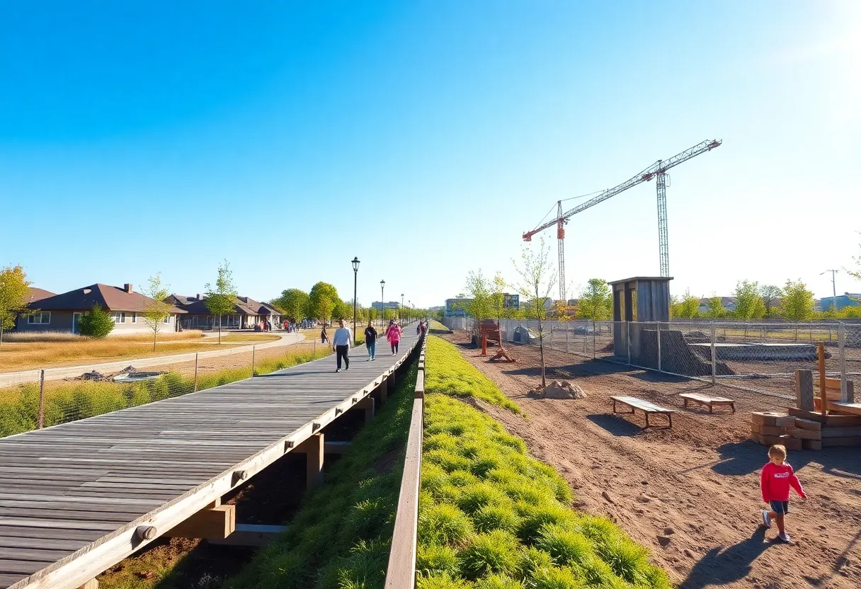 Construction of the Bryan City Park Boardwalk with families enjoying the park.