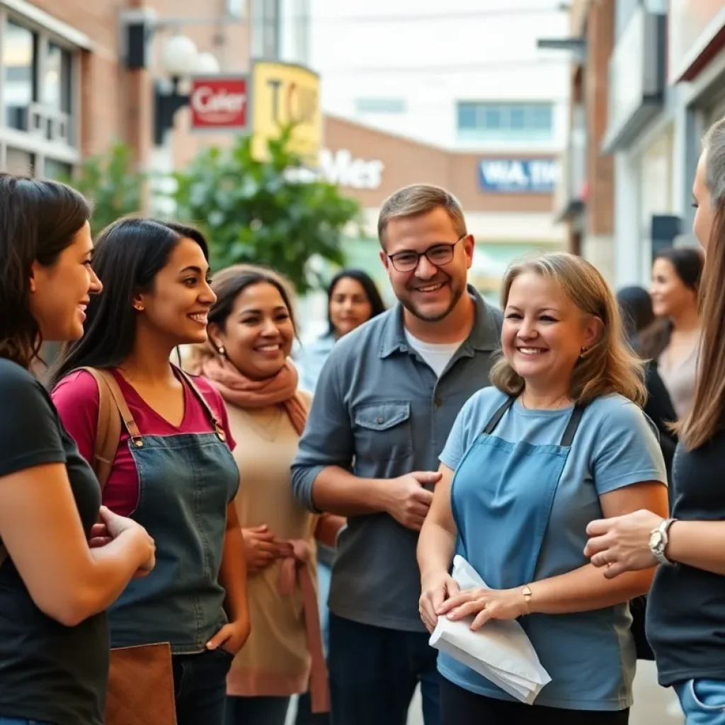 Volunteers interacting with local business owners in Bryan College Station