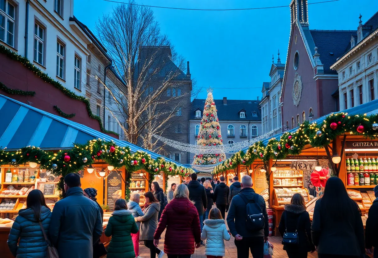Families enjoying a festive holiday market in Bryan-College Station with decorations and lights.
