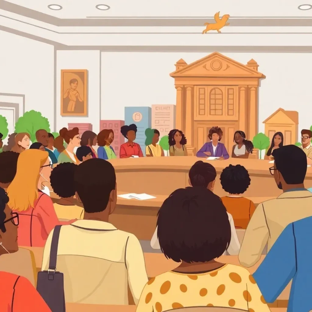 Illustration of a city council meeting with community involvement