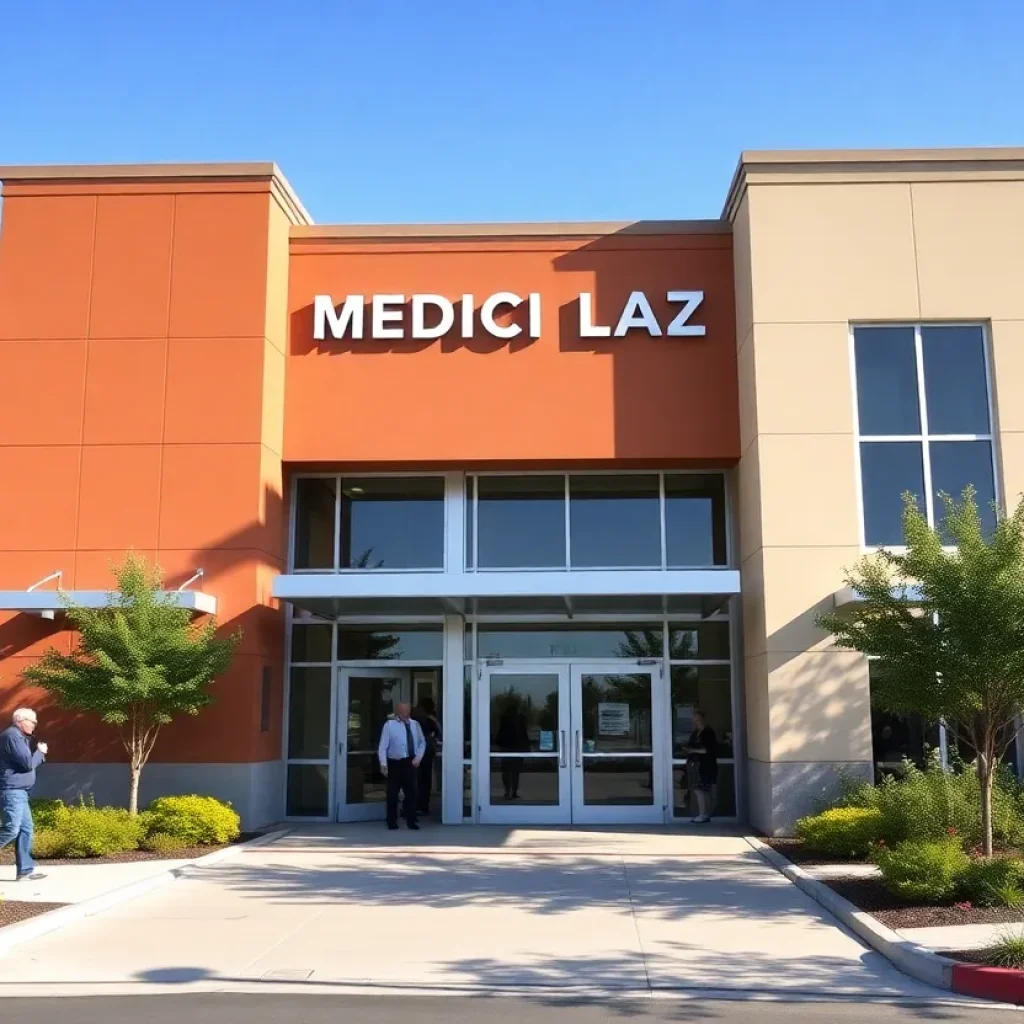 Exterior view of the new College Station Medical Plaza with people.