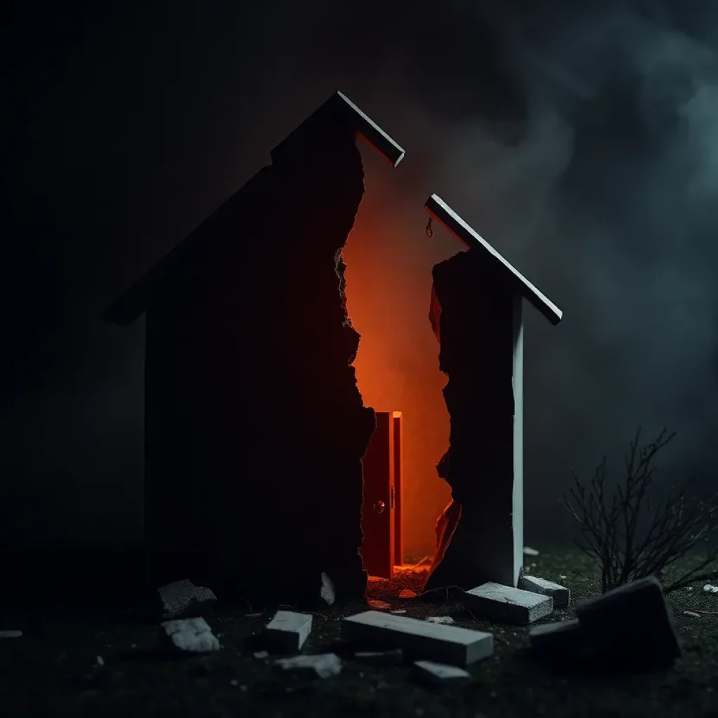 Artistic representation of a broken home symbolizing domestic violence.