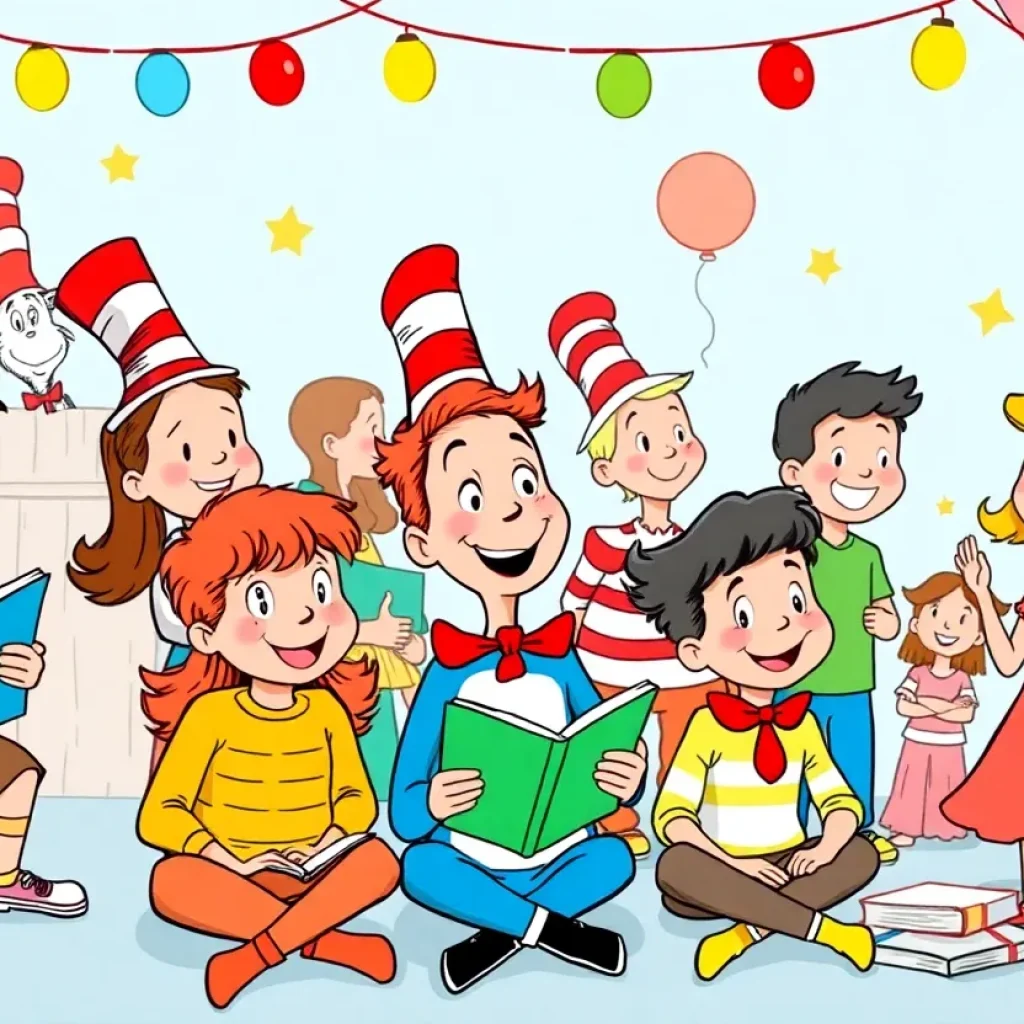 Children celebrating Dr. Seuss's birthday with colorful activities.