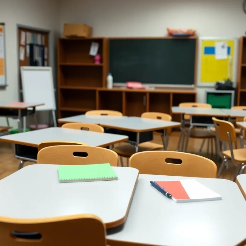 An empty classroom with educational materials symbolizing changes in a school district.